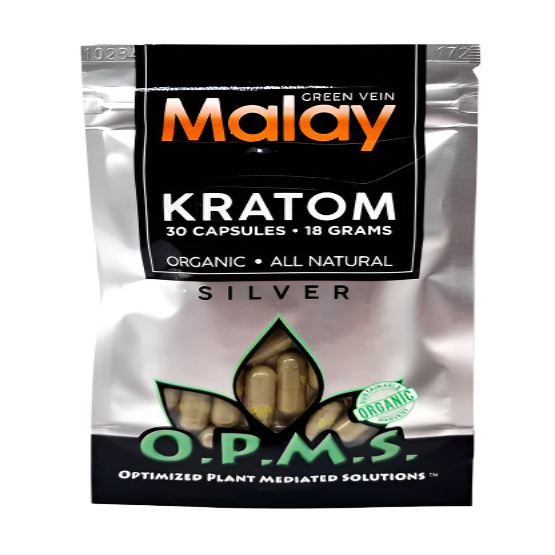 O.P.M.S. SILVER KRATOM CAPSULES 30CT / 18G / 0.63OZ - MALAY GREEN VEIN - Seven Tech