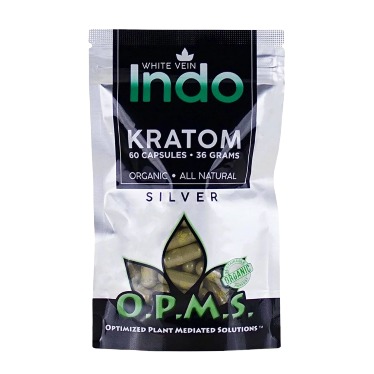 O.P.M.S. SILVER KRATOM CAPSULES 60CT / 36G / 1.27OZ - INDO WHITE VEIN - Seven Tech