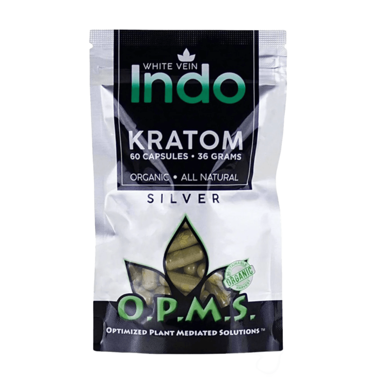 O.P.M.S. SILVER KRATOM CAPSULES 60CT / 36G / 1.27OZ - INDO WHITE VEIN - Seven Tech