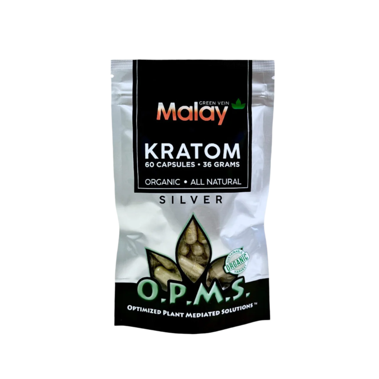 O.P.M.S. SILVER KRATOM CAPSULES 60CT / 36G / 1.27OZ - MALAY GREEN VEIN - Seven Tech