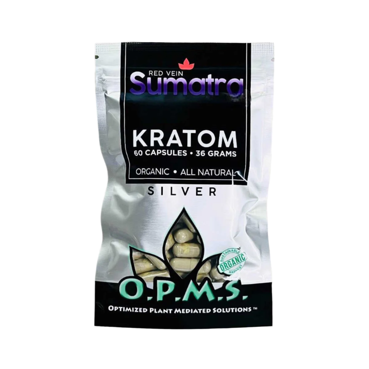 O.P.M.S. SILVER KRATOM CAPSULES 60CT / 36G / 1.27OZ - SUMATRA RED VEIN - Seven Tech
