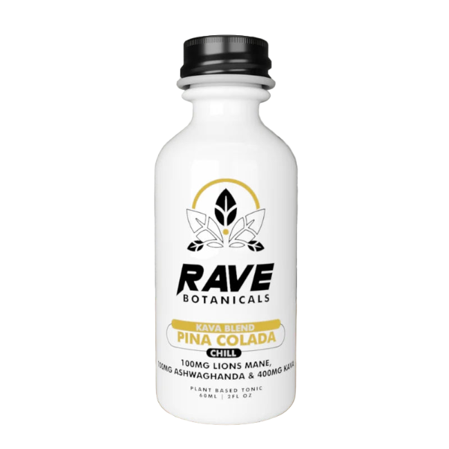 RAVE BOTANICALS KAVA BLEND CHILL 2OZ (60ML) – PINA COLADA | 100MG LION’S MANE + 100MG ASHWAGANDHA - Seven Tech