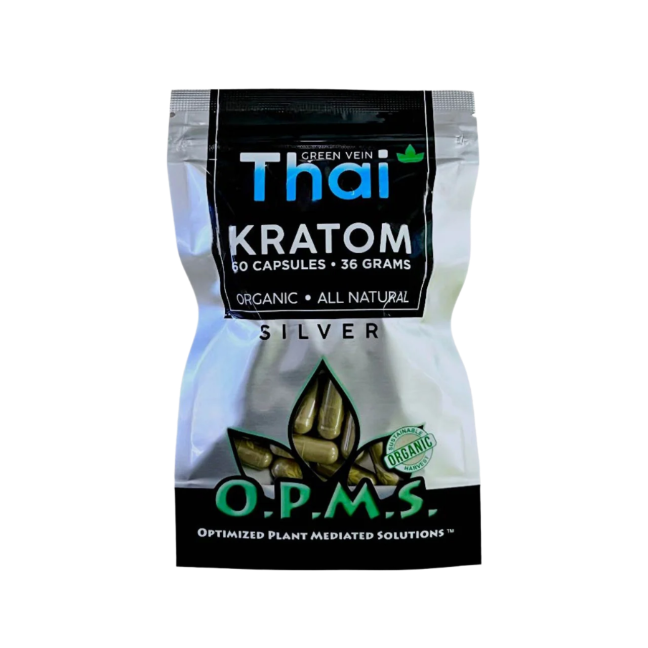 O.P.M.S. SILVER KRATOM CAPSULES 60CT / 36G / 1.27OZ - THAI GREEN VEIN - Seven Tech