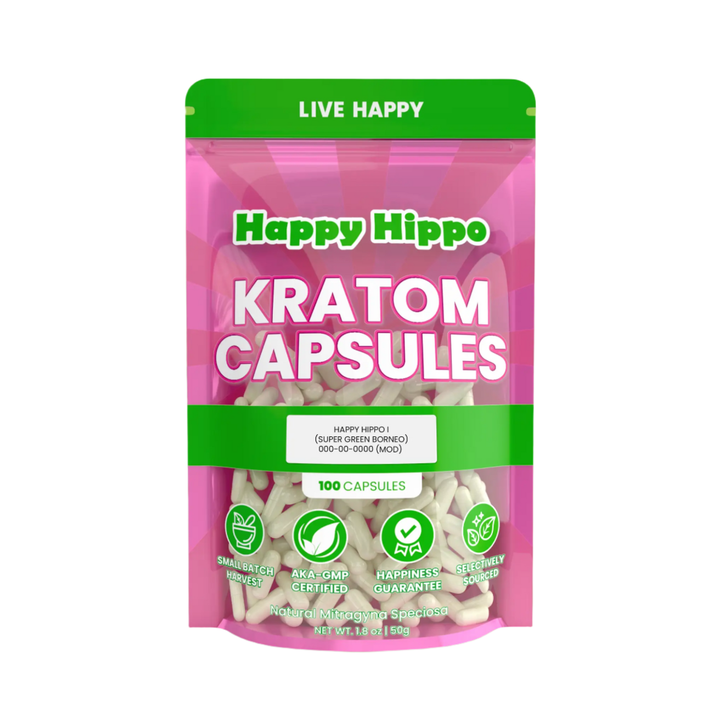 HAPPY HIPPO KRATOM CAPSULE 100CT / 50G / 1.8OZ - HAPPY HIPPO I / BORNEO GREEN VEIN - Seven Tech