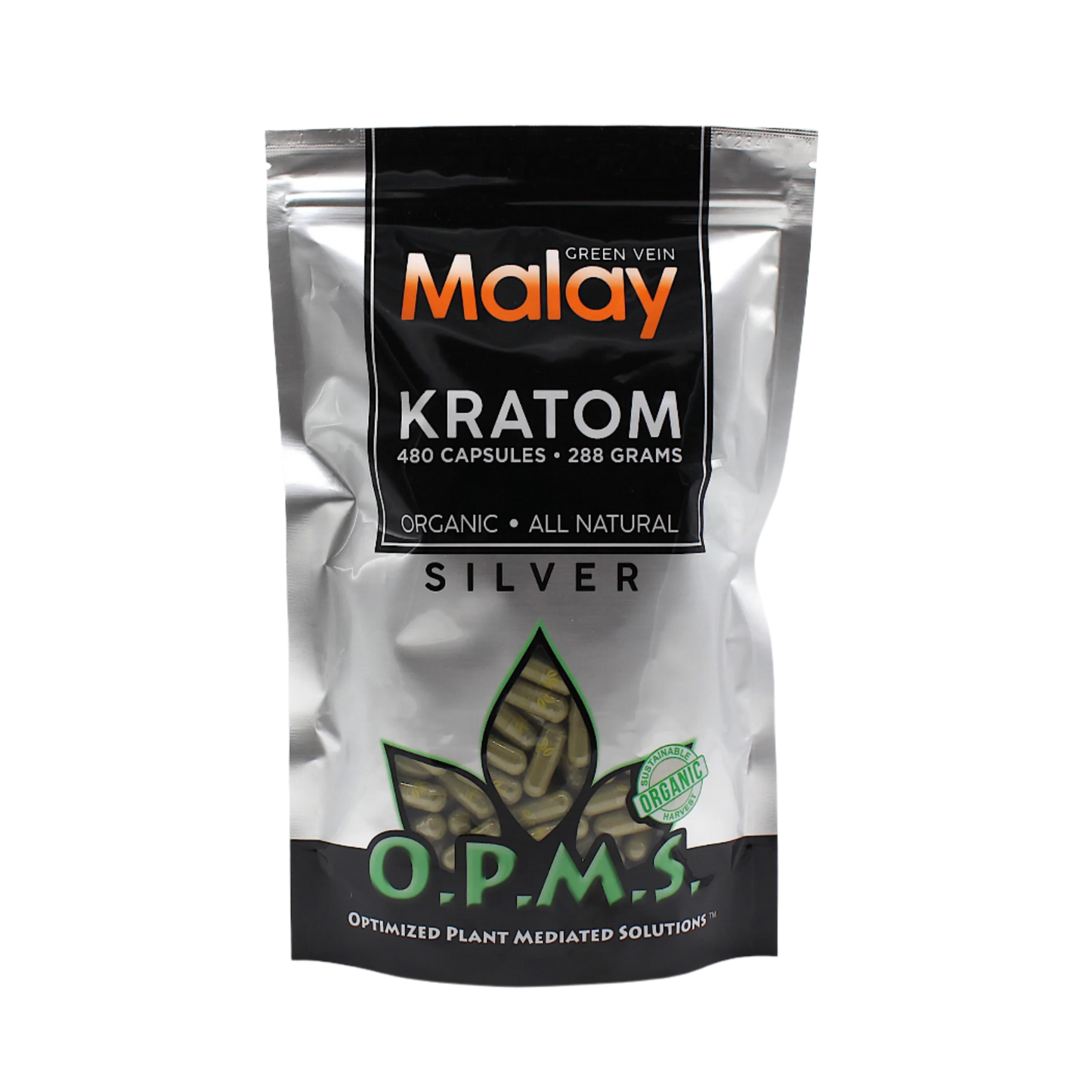 O.P.M.S. SILVER KRATOM CAPSULES 480CT / 288G / 10.16OZ - MALAY GREEN VEIN - Seven Tech