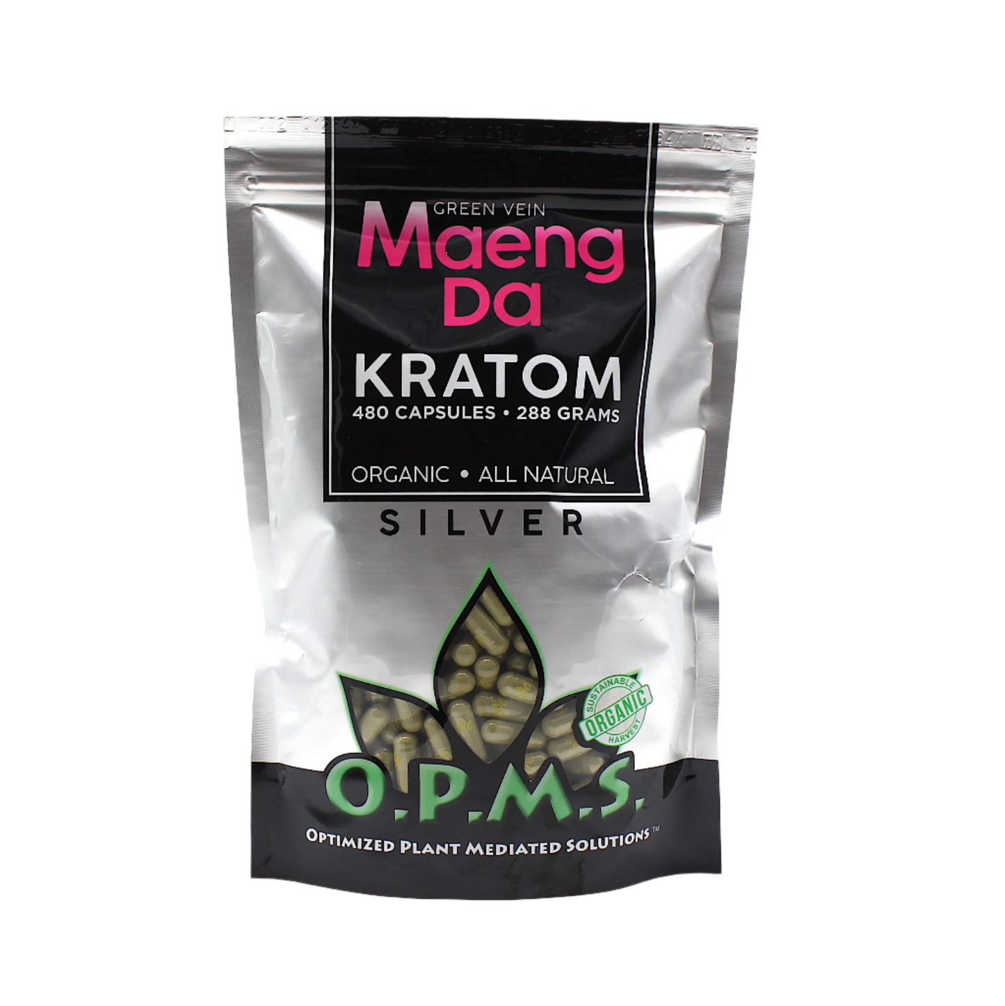 O.P.M.S. SILVER KRATOM CAPSULES 480CT / 288G / 10.16OZ - MAENG DA GREEN VEIN - Seven Tech