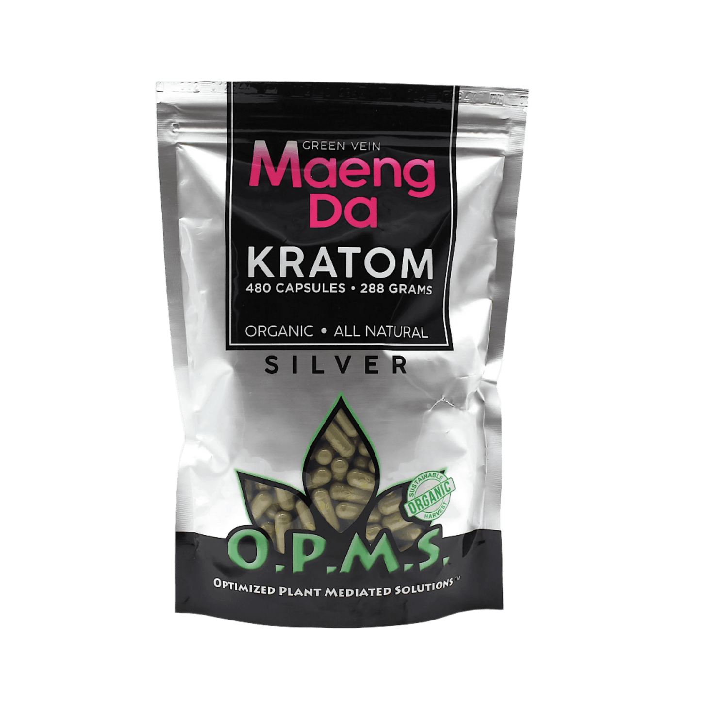 O.P.M.S. SILVER KRATOM CAPSULES 480CT / 288G / 10.16OZ - MAENG DA GREEN VEIN - Seven Tech