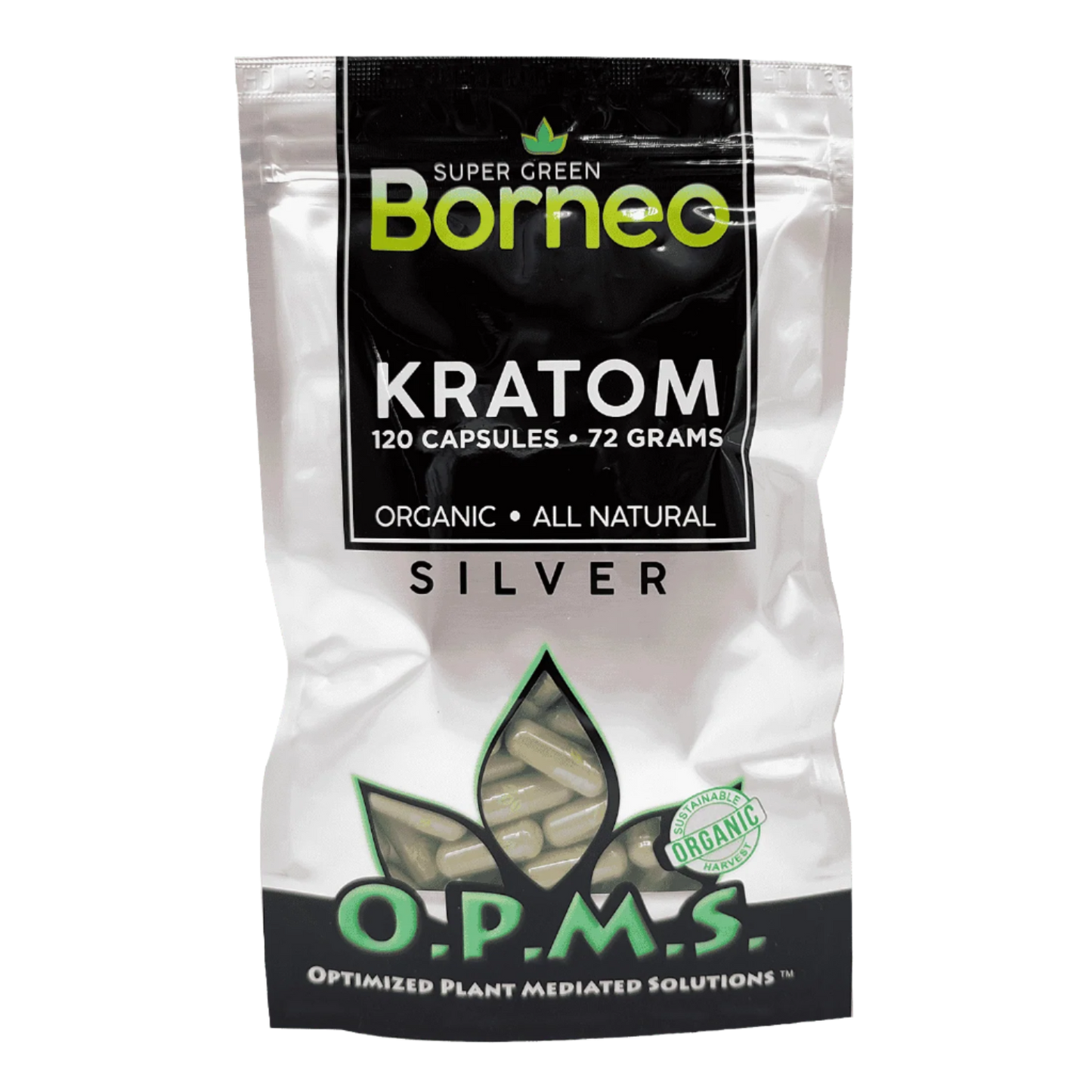 O.P.M.S. SILVER KRATOM CAPSULES 120CT / 72G / 2.54OZ - BORNEO SUPER GREEN VEIN - Seven Tech