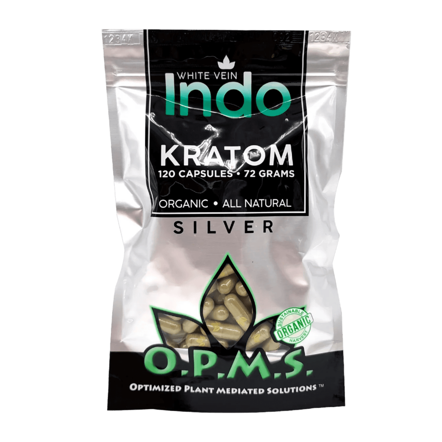 O.P.M.S. SILVER KRATOM CAPSULES 120CT / 72G / 2.54OZ - INDO WHITE VEIN - Seven Tech