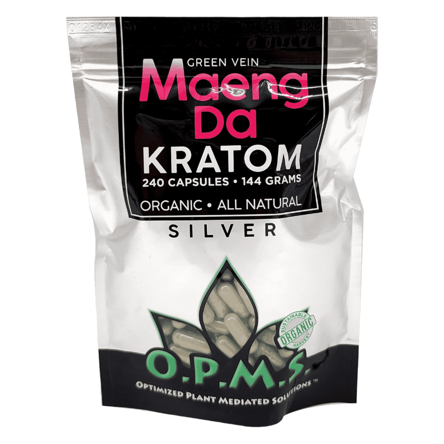 O.P.M.S. SILVER KRATOM CAPSULES 240CT / 144G / 5.08OZ - MAENG DA GREEN VEIN - Seven Tech