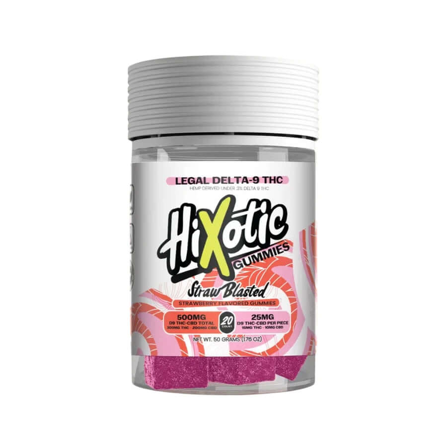HIXOTIC GUMMIES STRAWBLASTED 20CT 500MG D9 THC-CBD TOTAL 25MG D9 THC-CBS PER PRICE 15MG THC 10MG CBD