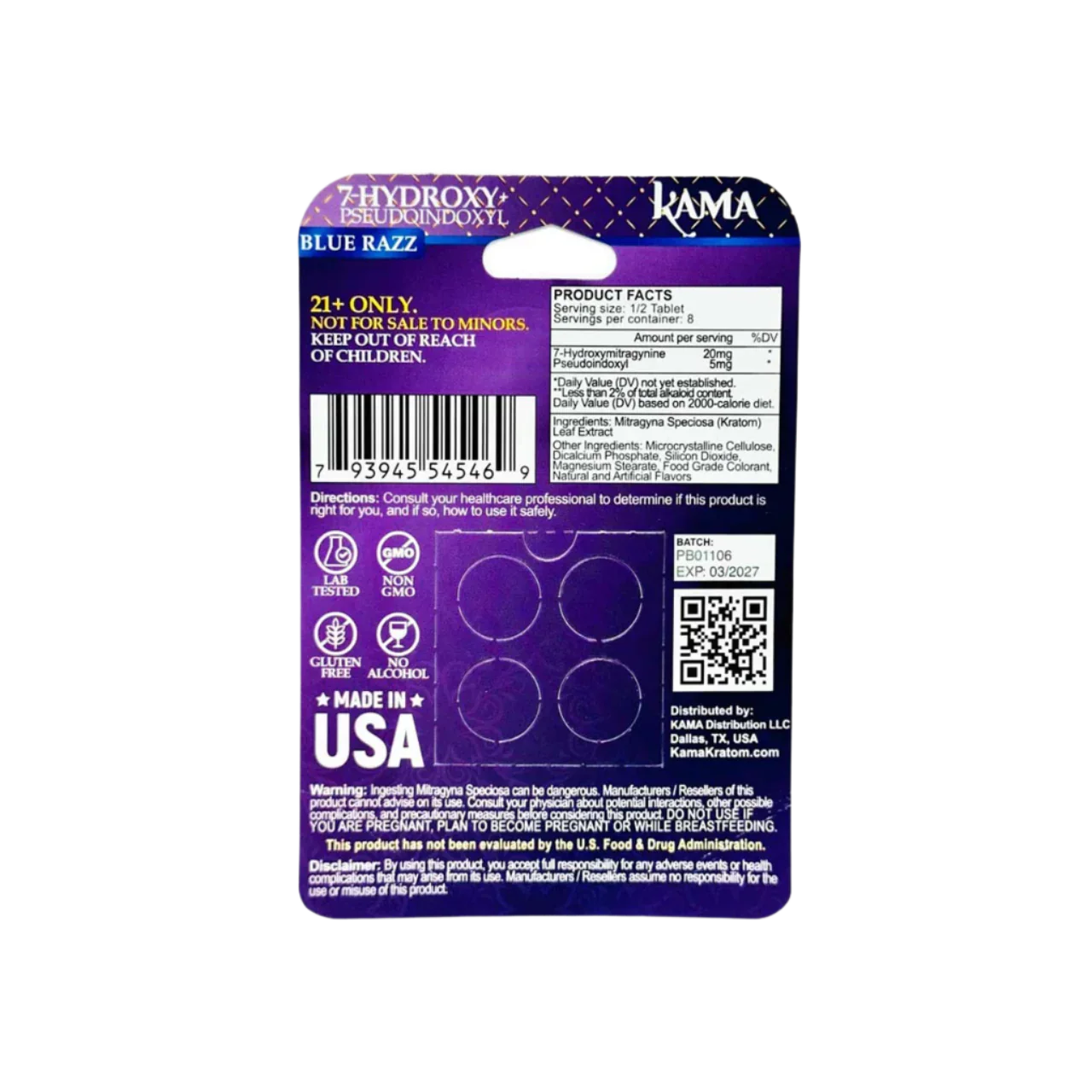 KAMA 4ct 7OH + Psuedoindoxyl Tabs Blue Razzberry 50mg per Tablet - Seven Tech