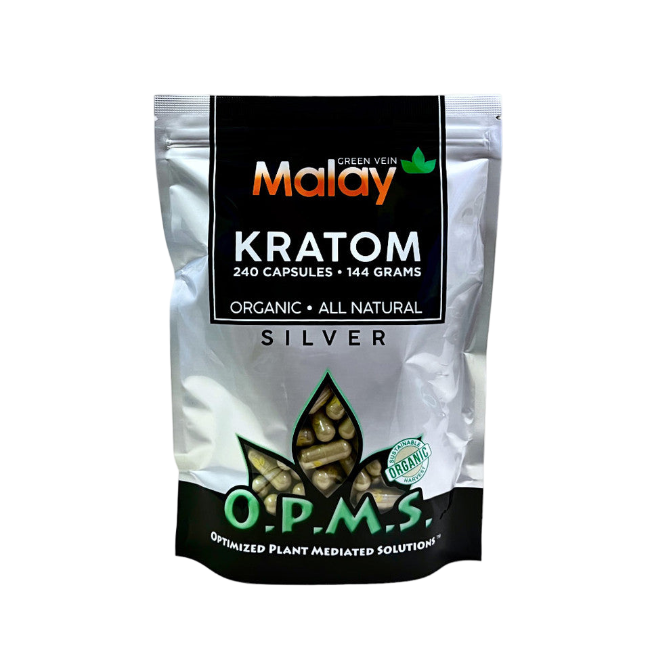 O.P.M.S. SILVER KRATOM CAPSULES 240CT / 144G / 5.08OZ - MALAY GREEN - Seven Tech