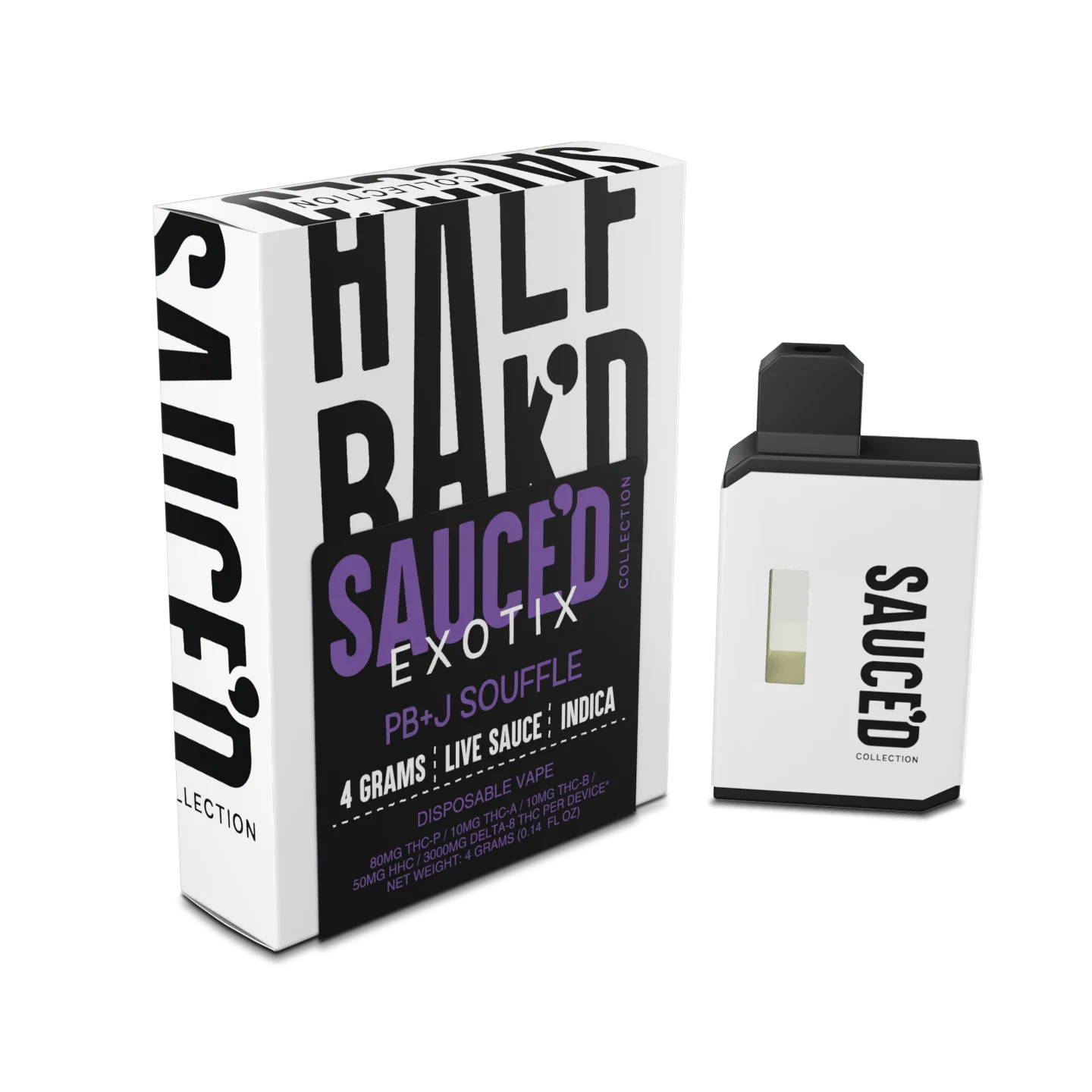 HALF BAKED SAUCED EXOTIX PB&J SOUFFLE 4 GRAMS LIVE SAUCE INDICA DISPOSABLE VAPE 80MG THC-B 5OMH HHC/