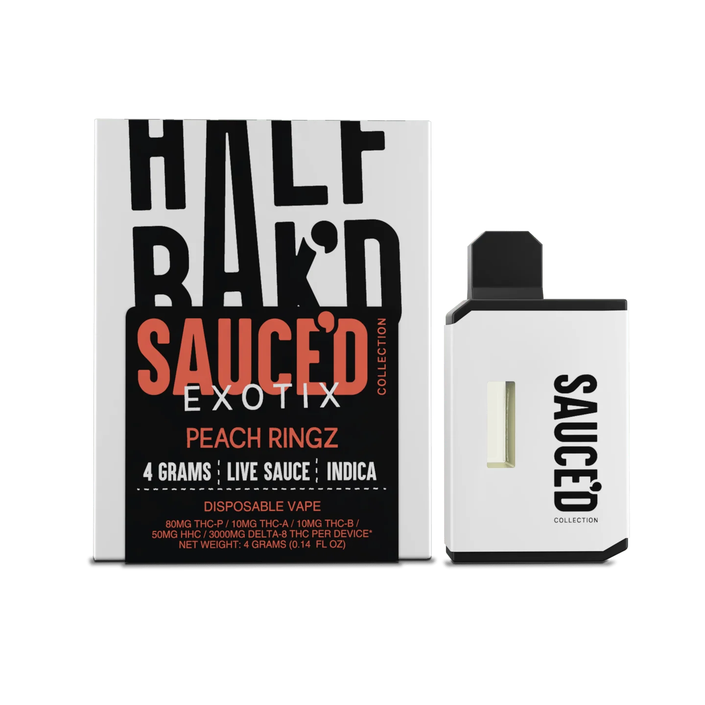 HALF BAKED SAUCED EXOTIX PEACH RINGS SOUFFLE 4 GRAMS LIVE SAUCE INDICA DISPOSABLE VAPE 80MG THC-P 5OMH HHC/