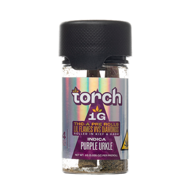 Torch THC-A Pre-Rolls Lil Flames VVS Diamonds Rolled in Kief and Hash 1g 4ct Jar Purple Urkle Indica - Seven Tech