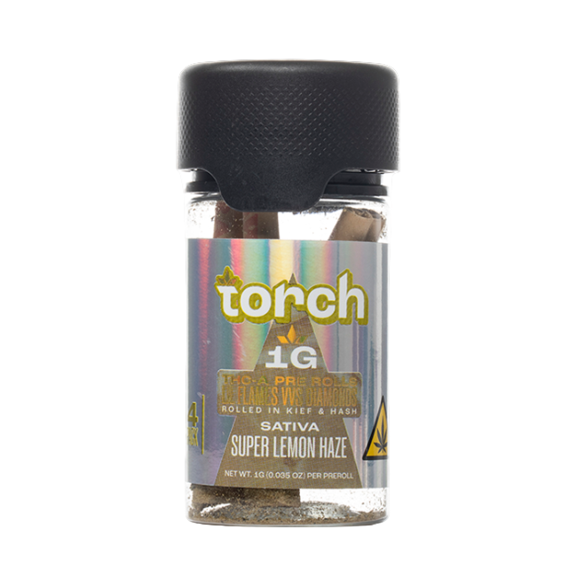 Torch THC-A Pre-Rolls Lil Flames VVS Diamonds Rolled in Kief and Hash 1g 4ct Jar Super Lemon Haze Sativa - Seven Tech