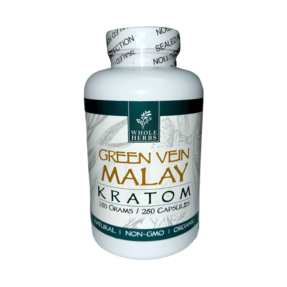 WHOLE HERBS KRATOM CAPSULES 250CT / 150G / 5.3OZ - MALAY GREEN VEIN - Seven Tech