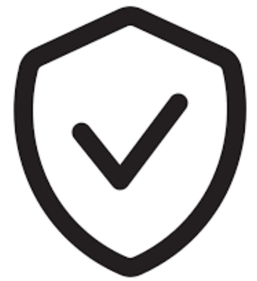 Black shield icon with a check mark on a white background