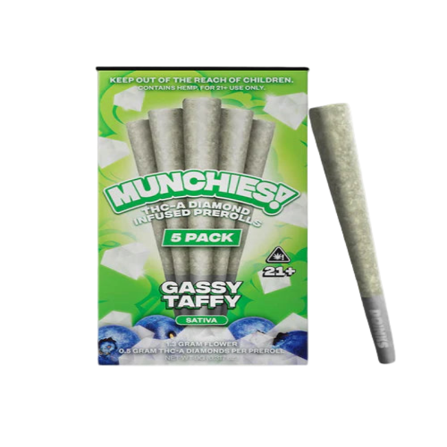 MUNCHIES THC-A DIAMOND PREROLLS 5PK – GASSY TAFFY SATIVA