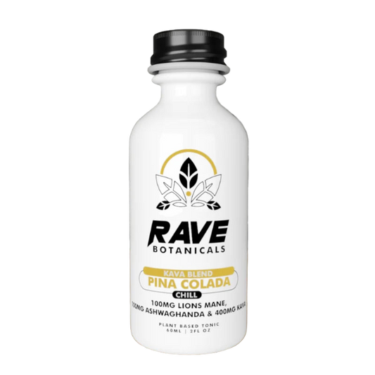 RAVE BOTANICALS KAVA BLEND CHILL 2OZ (60ML) – PINA COLADA | 100MG LION’S MANE + 100MG ASHWAGANDHA - Seven Tech