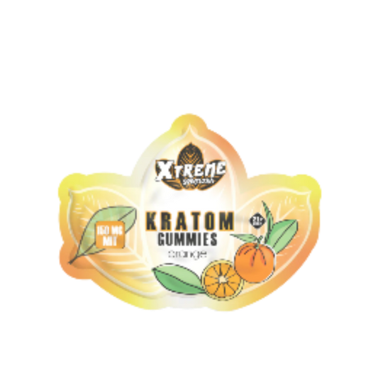 Kratom gummies packaging with orange flavor on a white background