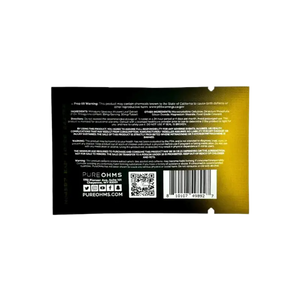 Black product label with QR codes and text on a gold-tinted background.