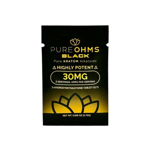 A black and gold product package for Pure OHMS Black Kratom alkaloids labeled as 30mg potency.