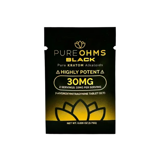 A black and gold product package for Pure OHMS Black Kratom alkaloids labeled as 30mg potency.