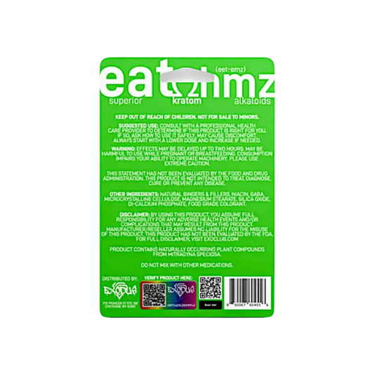 Green product label with ’eatmmz’ branding and ingredient information.