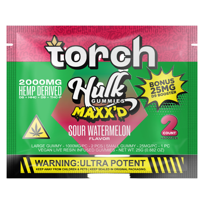 Torch Hulk Gummies Maxx’d 2000mg + 25mg D9 Booster 2ct Sour Watermelon