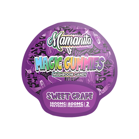 Purple packaging of Mamanita Magic Gummies Sweet Grape flavor on a white background