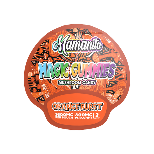 Mamanita Magic Gummies packaging for Orange Burst flavor on a white background