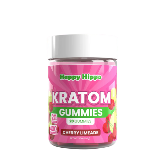Jar of Happy Hippo Kratom Gummies Cherry Limeade flavor on a white background