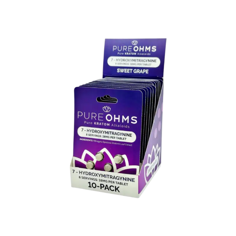 Purple box of Pure Ohms 7-Hydroxymitragynine sweet grape flavored supplements in a 10-pack.