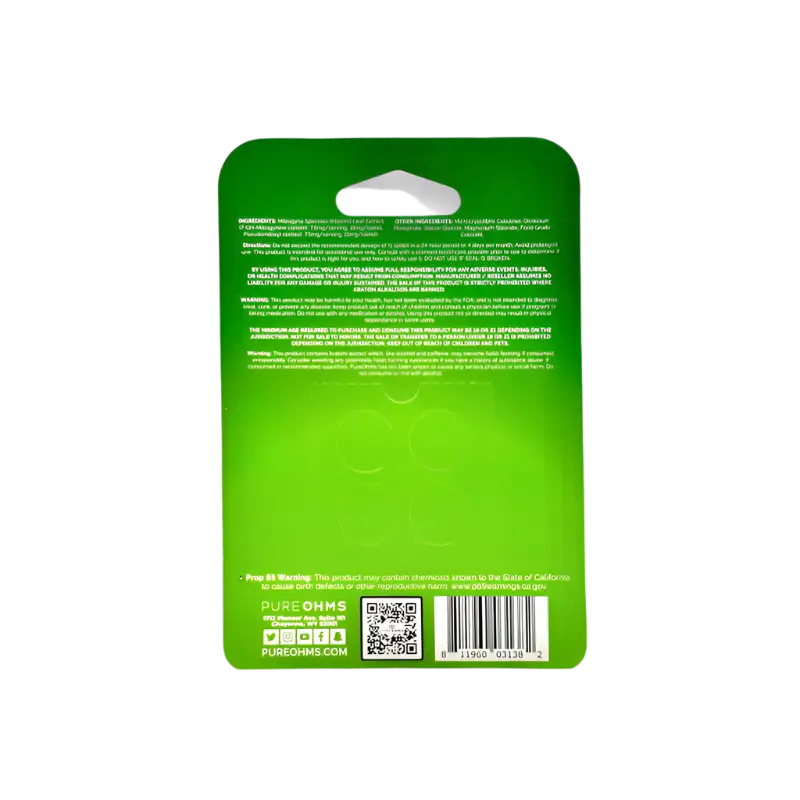 Green retail product packaging card with a hanging hole and QR code.