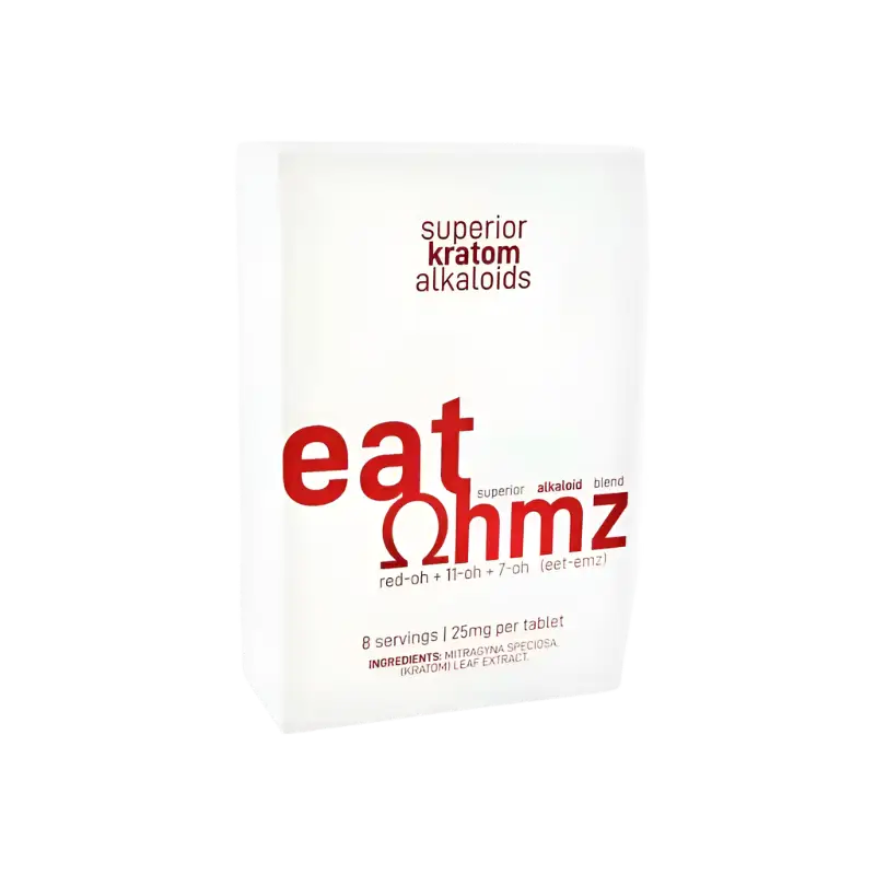 White product box with red text reading ’eat ohmz’ and ’superior kratom alkaloids’