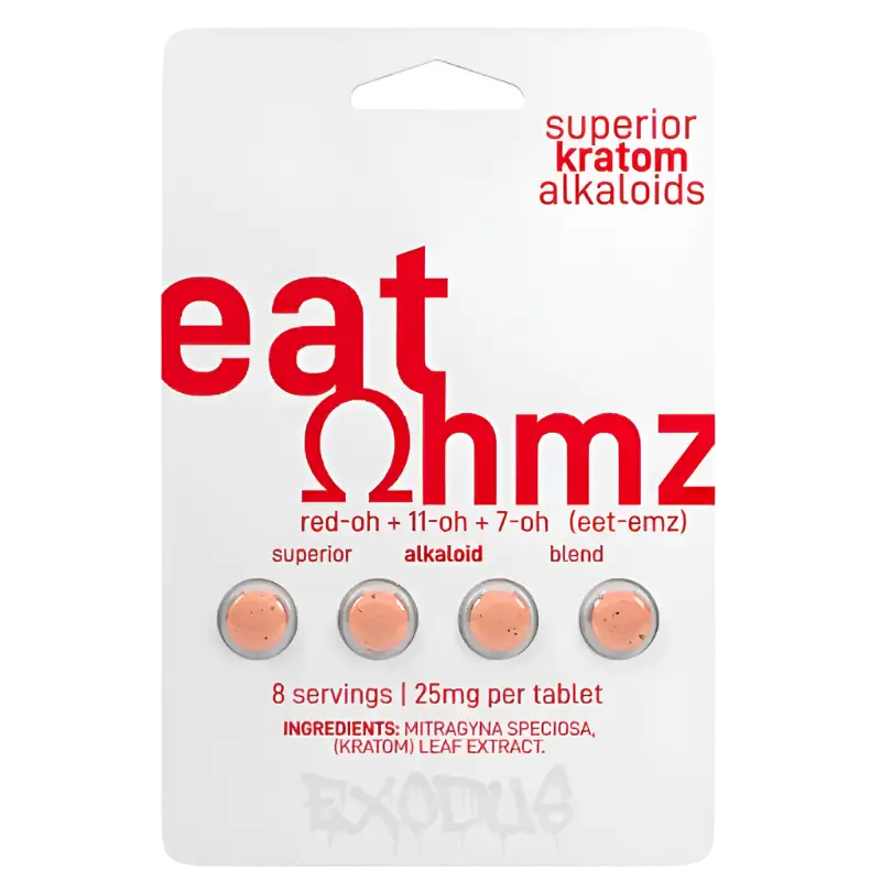 A blister pack of ’eat ohmz’ kratom alkaloid tablets containing 8 servings.