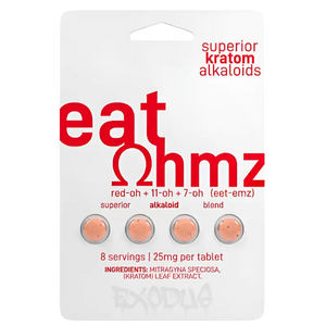 A blister pack of ’eat ohmz’ kratom alkaloid tablets containing 8 servings.