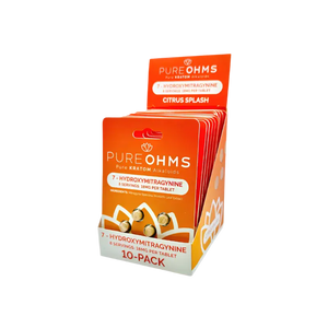 Orange retail display box containing Pure Ohms brand citrus splash supplements.