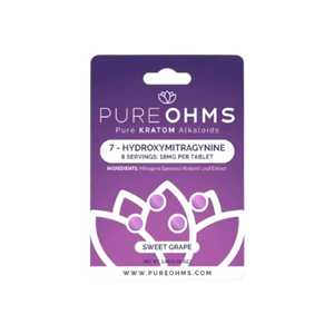 A purple product package for Pure Ohms 7-hydroxymitragynine kratom tablets in sweet grape flavor.