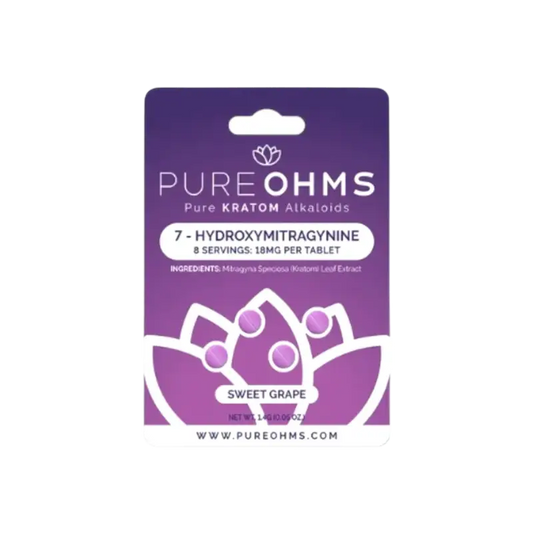 A purple product package for Pure Ohms 7-hydroxymitragynine kratom tablets in sweet grape flavor.