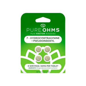 A green product package for Pure Ohms kratom alkaloid tablets.