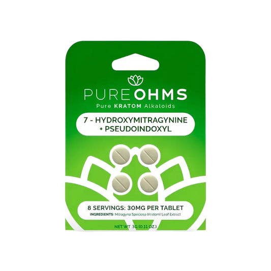 A green product package for Pure Ohms kratom alkaloid tablets.