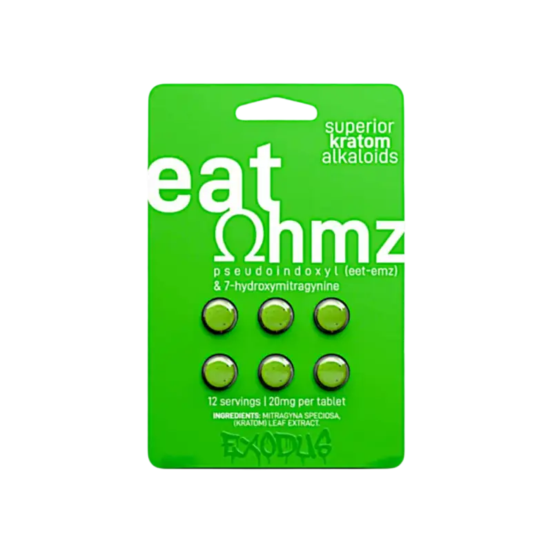 Green blister pack containing 6 round tablets labeled ’eat ohmz’