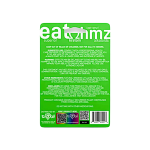 Green product label with ’eatmmz’ branding and ingredient information.