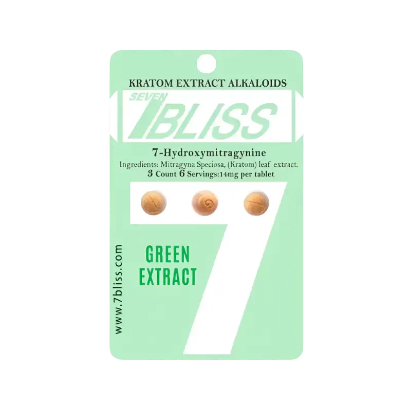 A green and white package of Bliss Kratom extract alkaloids containing 7-hydroxymitragynine.