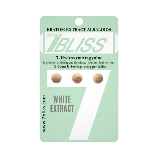 A mint green product package for Kratom extract alkaloids labeled ’Bliss White Extract 7’’.