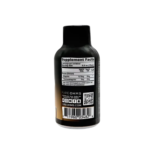 Black supplement bottle with a nutrition facts label and QR code.