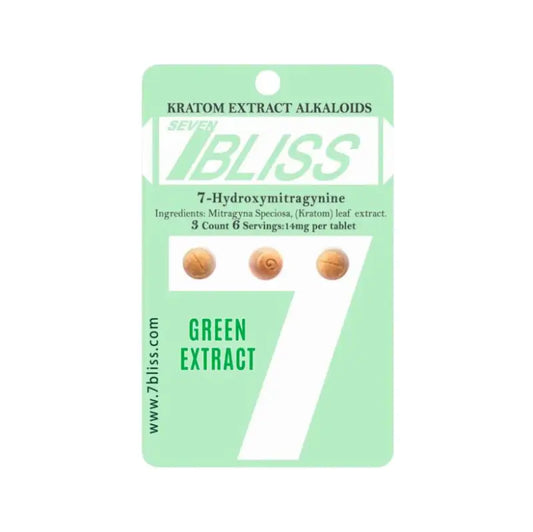 A green and white package of Bliss Kratom extract alkaloid tablets.